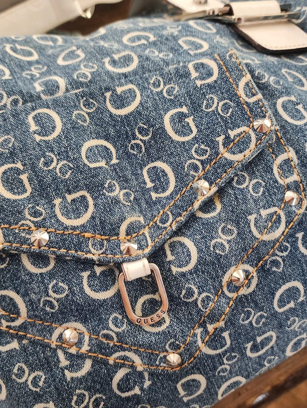 Y2K Guess Vintage Denim Blue Logo Monogram Studded Large Shoulder Hobo Bag